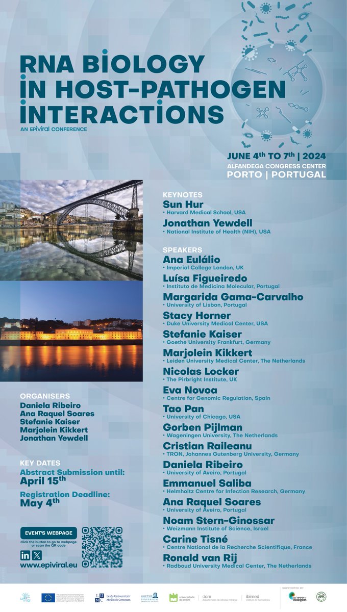 EpiViral (@viral_epi) on Twitter photo ⚠️LAST DAY TO SUBMIT ABSTRACTS
Awards available for best oral/poster communications. Don't miss this opportunity!
More info: bit.ly/RNAHostPath
Organized by: <a href="/UnivAveiro/">Universidade Aveiro</a> <a href="/goetheuni/">Goethe-Universität</a> <a href="/LUMC_Leiden/">LUMC Leiden</a>
<a href="/dribeirolab/">D.RibeiroLab - Virus Host-Cell Interactions</a> <a href="/SoaresRna/">ARS_Lab (tRNA epitranscriptome and Disease)</a> @LabKaiser Supported by: <a href="/RNASociety/">The RNA Society</a>, <a href="/Co_Biologists/">The Company of Biologists</a> ⚠️LAST DAY TO SUBMIT ABSTRACTS
Awards available for best oral/poster communications. Don't miss this opportunity!
More info: bit.ly/RNAHostPath
Organized by: <a href="/UnivAveiro/">Universidade Aveiro</a> <a href="/goetheuni/">Goethe-Universität</a> <a href="/LUMC_Leiden/">LUMC Leiden</a>
<a href="/dribeirolab/">D.RibeiroLab - Virus Host-Cell Interactions</a> <a href="/SoaresRna/">ARS_Lab (tRNA epitranscriptome and Disease)</a> @LabKaiser Supported by: <a href="/RNASociety/">The RNA Society</a>, <a href="/Co_Biologists/">The Company of Biologists</a>