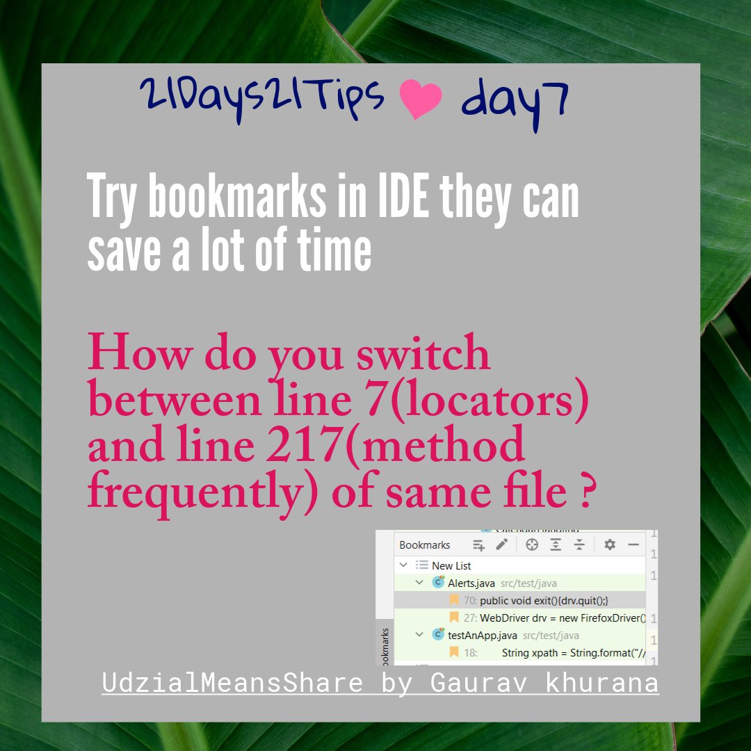 You must have used bookmark in browsers. Have you tried them in #IDE ?
Try them now and thank me later. #21Days21Tips #Day7 #ChottiChottiMaggarMotiBaatein

Switching to a particular line within the same file would become easier.
Bookmark + pinned = Time saver <a href="/TheTestChat/">The Test Chat</a>