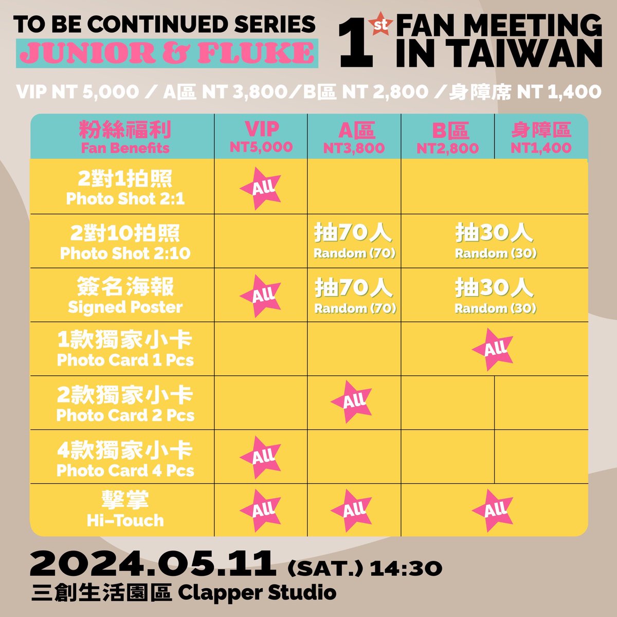 TO BE CONTINUED SERIES
JUNIOR&FLUKE 1ST FANMEETING IN TAIWAN✨

🩵Date: 11 MAY 2024
📍AT Clapper Studio
🎫Tickets on sale 20 APR 2024 

#JuniorFluke_1st_Fan_Meeting_in_TAIWAN 
#JuniorFluke #ToBeContinuedSeries #คุณได้ไปต่อ