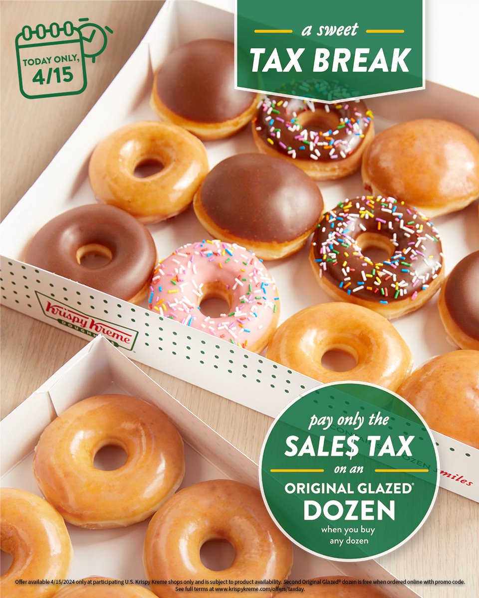 🚨 Take a sweet tax break with doughnuts! Today, pay only the Sales Tax for an Original Glazed® Dozen when you purchase any dozen! Satisfy your craving with treats and savings! 🍩 😁 #taxday #taxdaysavings