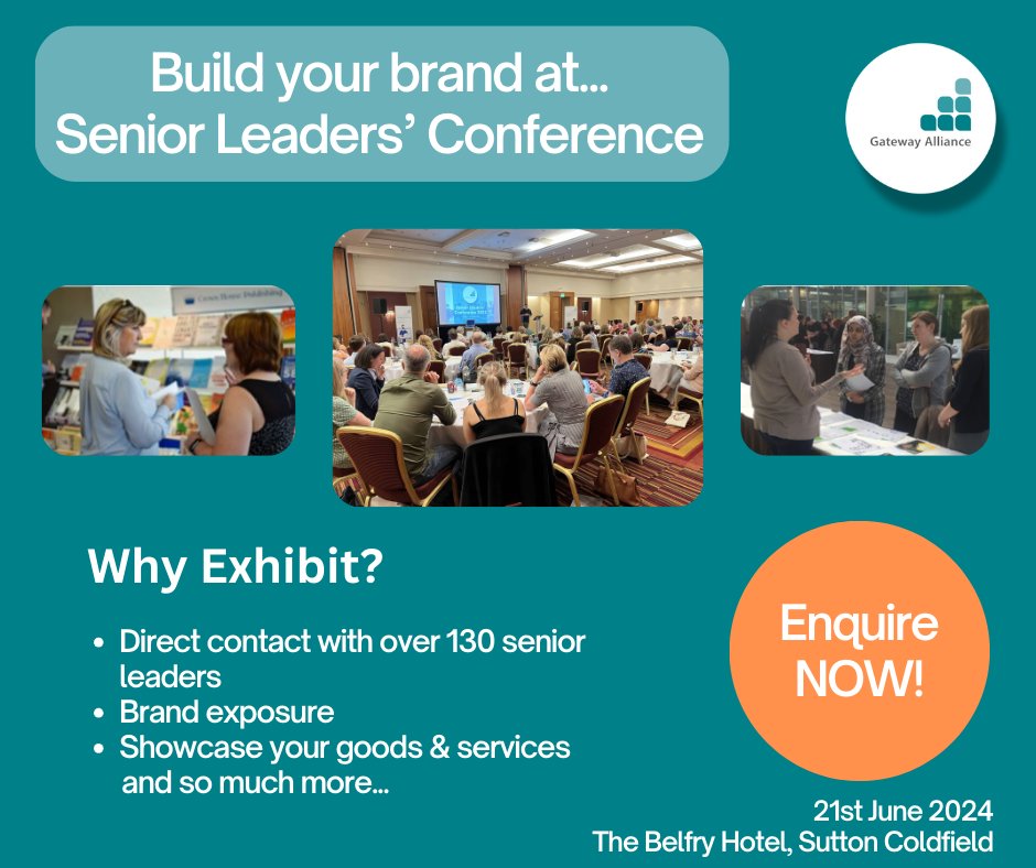 There's still time to enquire about exhibiting at one of our flagship events; Senior Leaders' Conference 2024! Gain brand exposure and raise your profile to a hard-to-reach audience. So why wait any longer? Contact us if you're interested by emailing: info@gatewayalliance.co.uk