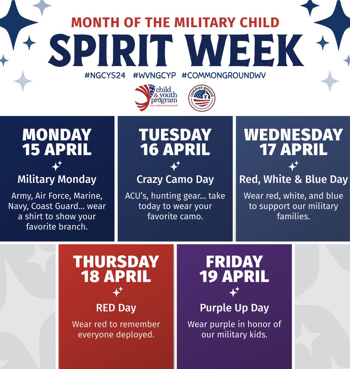 This week is Month of the Military Child Spirit Week! 🎉 Tag us in your posts and use #CommonGroundWV so we can see your classroom celebrations! #WVEd