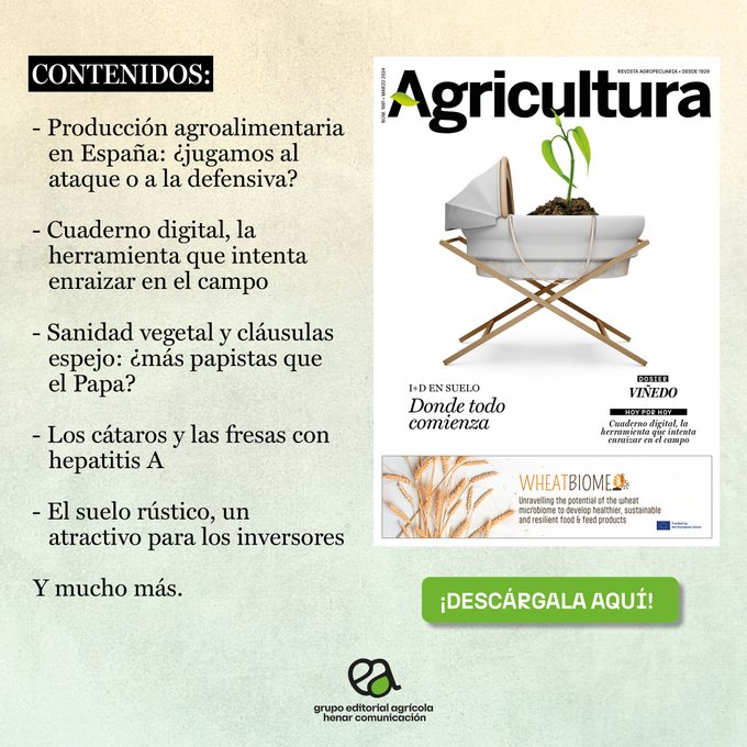 📣 Recuerda que puedes descargarte el N.º 1.081 de Revista #Agricultura, con una portada dedicada a la I+D de los #SuelosAgrícolas 👨‍🌾 para responder a los retos actuales del sector. Acceso GRATUITO aquí ➡️ revistaagricultura.com/ultima-revista ¡Gracias por el apoyo a @wheatbiome 🌾 !