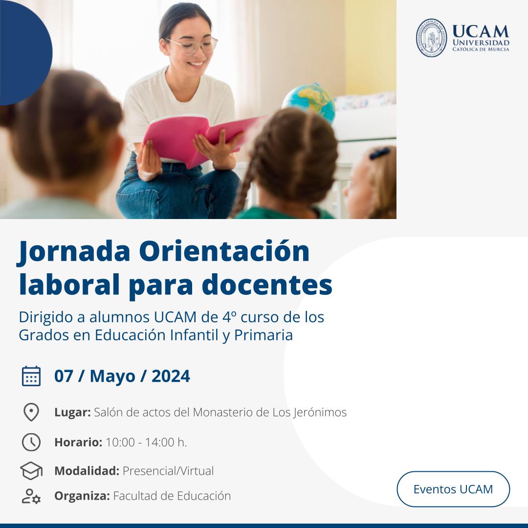 📢 Jornada de orientación laboral para docentes 📆 Martes 7 de mayo ⏰ Inicio: 10:00 horas 📍 Salón de Actos | Campus de Murcia 🌐 Modalidad 'online' disponible ✅ Organiza: @UCAMeducacion ➡️ ow.ly/FP5Y50QXrMl