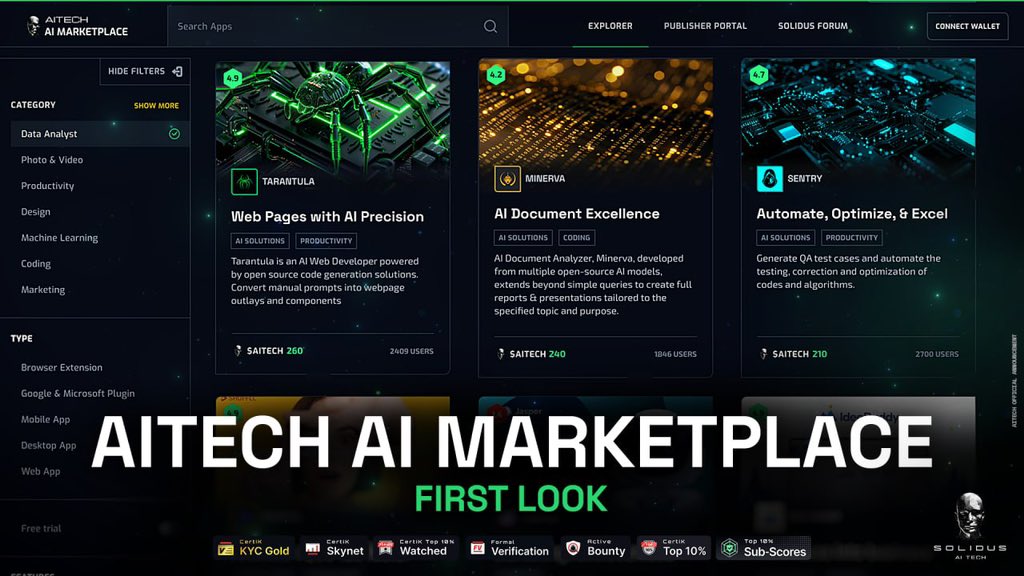 AITECHio's tweet photo. ✨ First Look: AITECH AI Marketplace!

💫 We're excited to reveal the initial glimpse of our AI marketplace, designed to introduce a wide array of AI applications to the market and provide developers with the opportunity to register their unique apps to be launched on the platform through community voting.