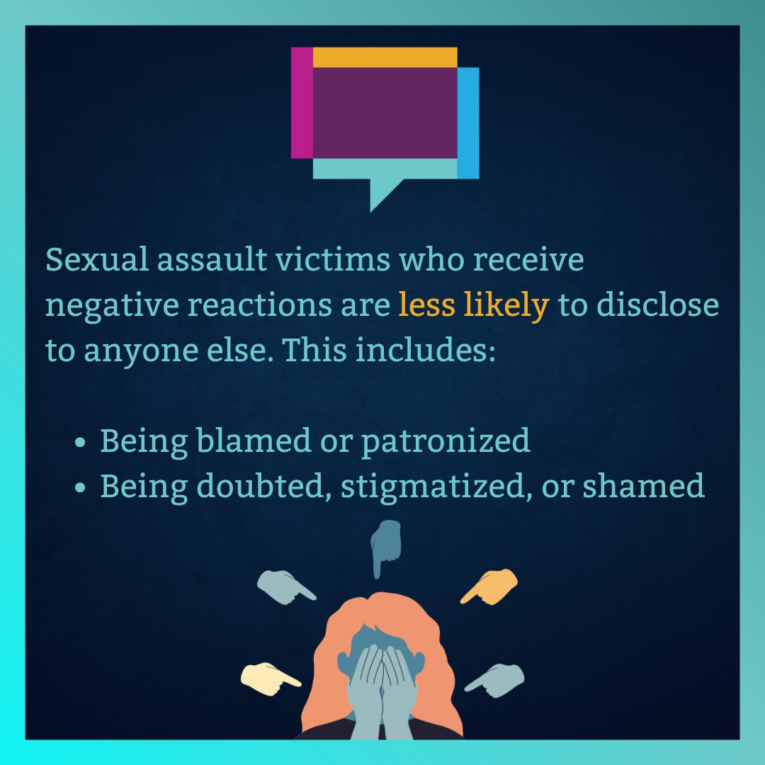 Did you know? Sexual assault victims who receive negative reactions are less likely to disclose to anyone else.  Let's create a culture of support and understanding to encourage survivors to come forward &amp; seek help. #SupportSurvivors #EndVictimBlaming #StartByBelieving #SAAM2024