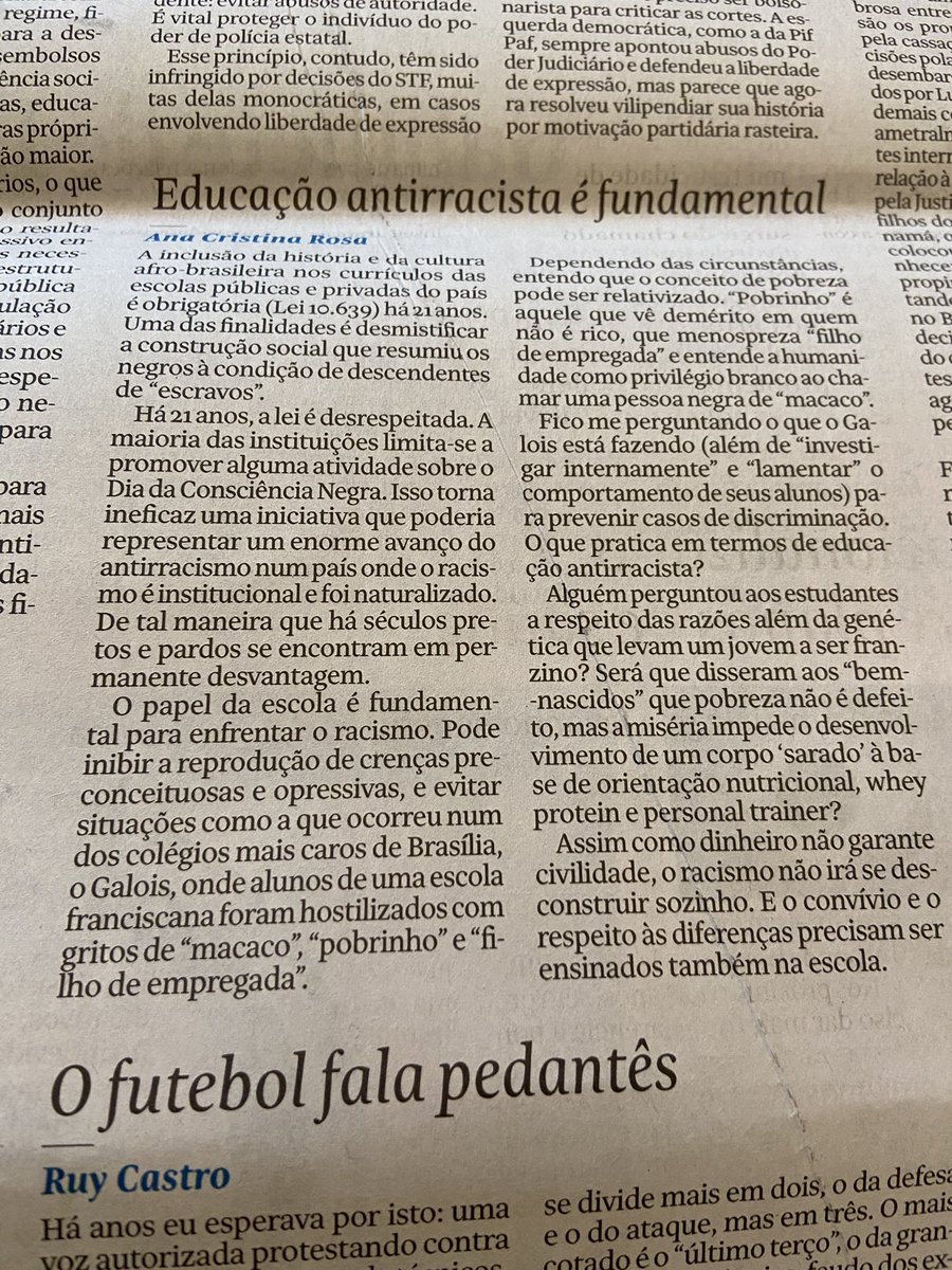 Texto de Ana Cristina Rosa na Folha de hoje sobre o papel da escola no enfrentamento do racismo