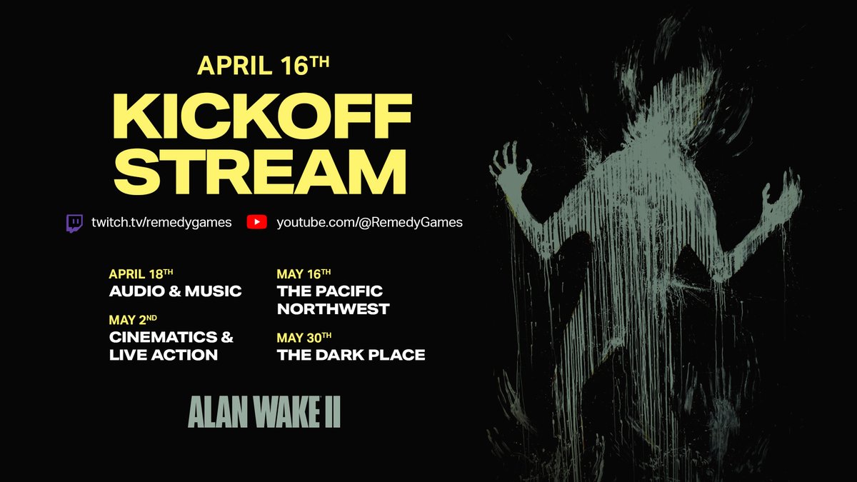 Join us in taking a peek inside the Writer's Room in our Alan Wake 2 developer streams! Every stream will feature dev team guests talking about how we brought AW2 to life. The 1st streams are this Tue and Thu at 4PM EET/2PM GMT. Catch us live on Twitch and YouTube!