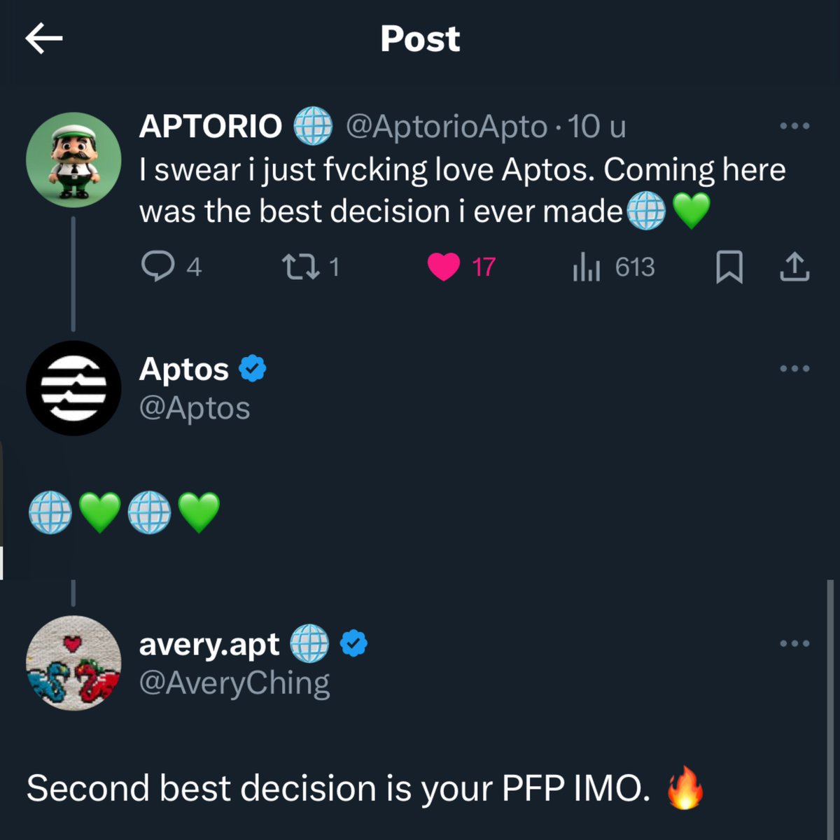 When you indirectly get all this love and support from @Aptos & @AveryChing this definitely marks a significant milestone in our journey on #Aptos. Such an honour! This is one of the reasons why $APTO loves $APT! 🌐💚