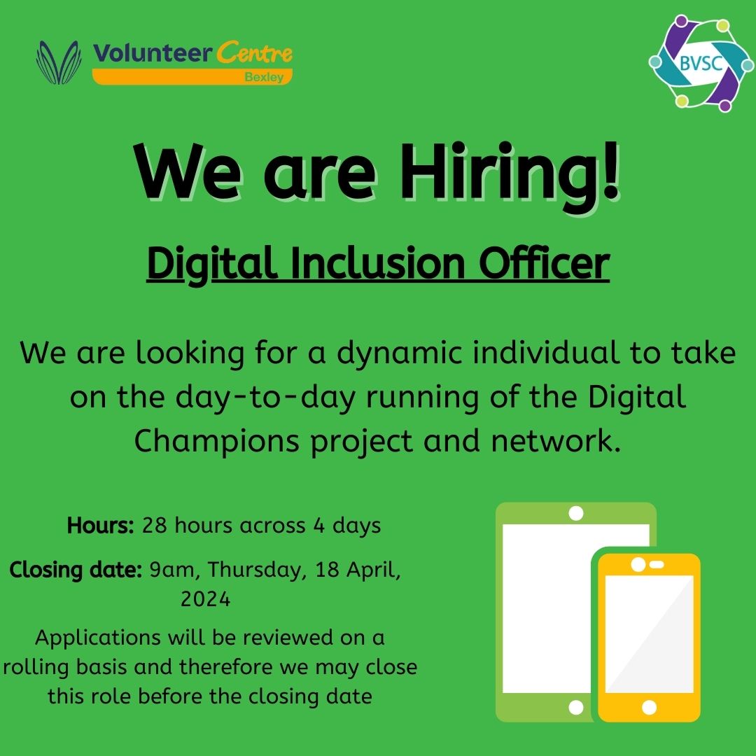 You have a few days left to apply for the role of Digital Inclusion Officer. If you would like to know more information and how to apply, click here - bvsc.co.uk/job/digital-in… Closing date: 9am, Thursday 18th April 2024 #charityjobs, #jobs #southeastlondonjobs #kentjobs