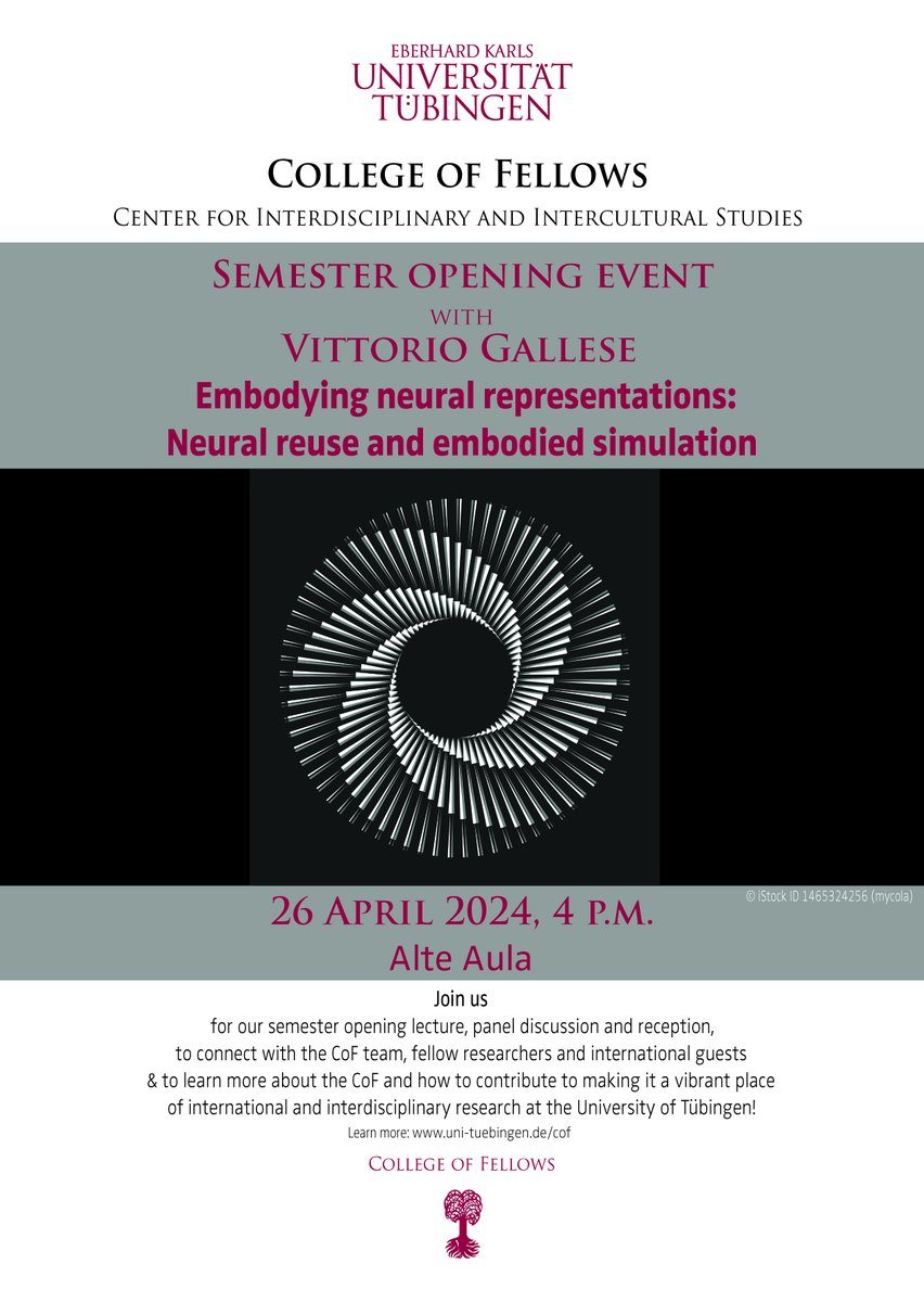 Semester Opening with @GalleseVittorio: Join us for Vittorio Gallese's talk on 'Embodying neural representations: Neural reuse and embodied simulation' – April 26th, 4 PM, Alte Aula, Tübingen. Followed by a reception and discussions. uni-tuebingen.de/en/research/ce… #Neuroscience
