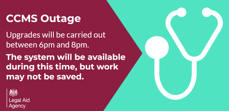 Please use CCMS on a read only basis between 6pm and 8pm this evening. Please ensure any outstanding work is completed or saved before this time. Sorry for any inconvenience. Check the LAA Online Portal for the latest information 👇 ow.ly/zyyZ50HA54O