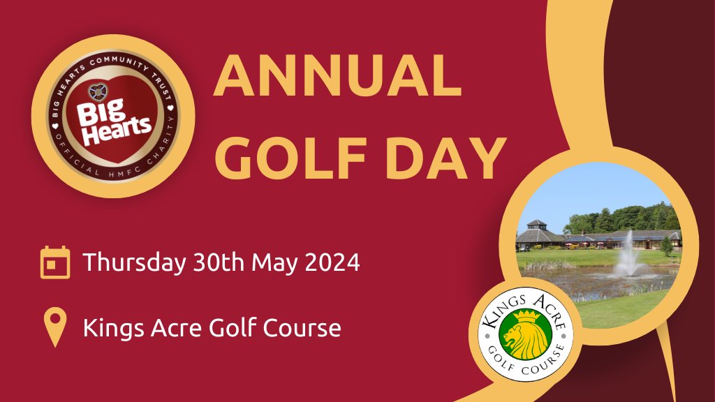 Charity Golf Day ⛳ in aid of @bighearts Thu. 30th May at the stunning King's Acre Golf Course! 10am start / £400 a team of 4. Book today: ow.ly/mkQI50RePbo