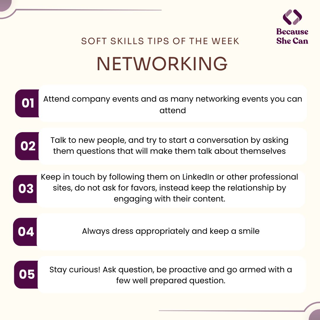 Happy New Week🥳 Here are some Soft Skills Tips to help you navigate your week. #NetworkingSkills #ProfessionalGrowth #BecauseSheCan