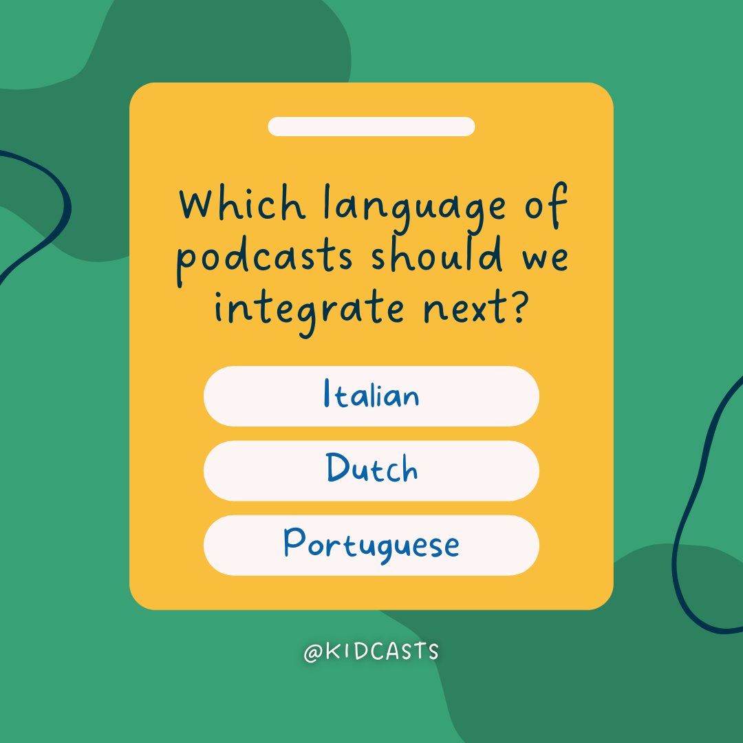 Dear listeners! We are excited to announce that we will soon add a new language to our kids podcast app. 🎉
But we need your help to decide which one will be next: Italian, Dutch or Portuguese? 🤔
kidcasts.app 🚀✨
#VoteandDecide #EducationalPodcast #PodcastsForKids