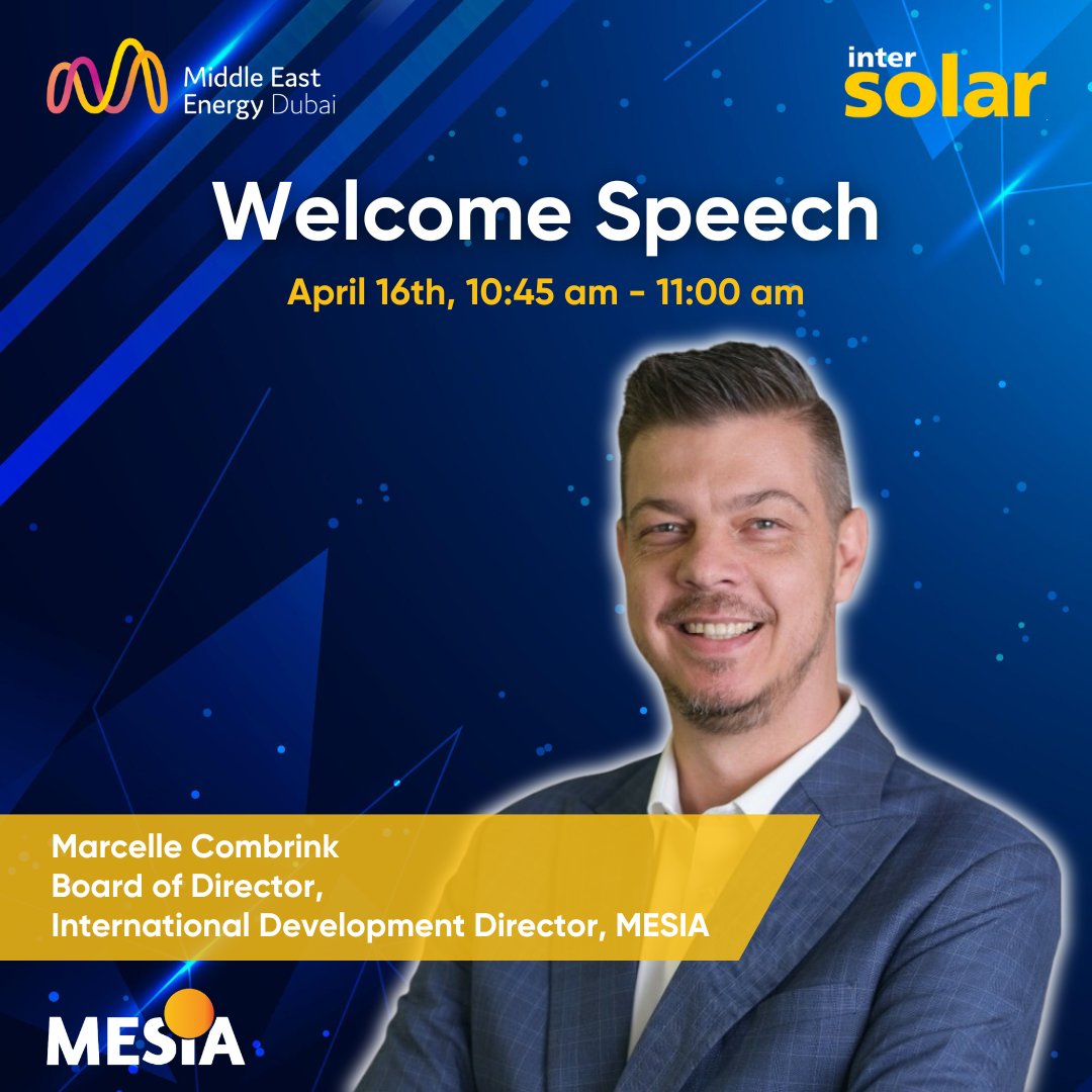 Join the Intersolar & ees Middle East Conference where Marcelle Combrink, International Development Director of MESIA, opens the sessions at 10.45 am, initiating 3 days of insightful discussions and knowledge exchange. 

#RenewableEnergy #SolarPower #MiddleEastEnergyTransition