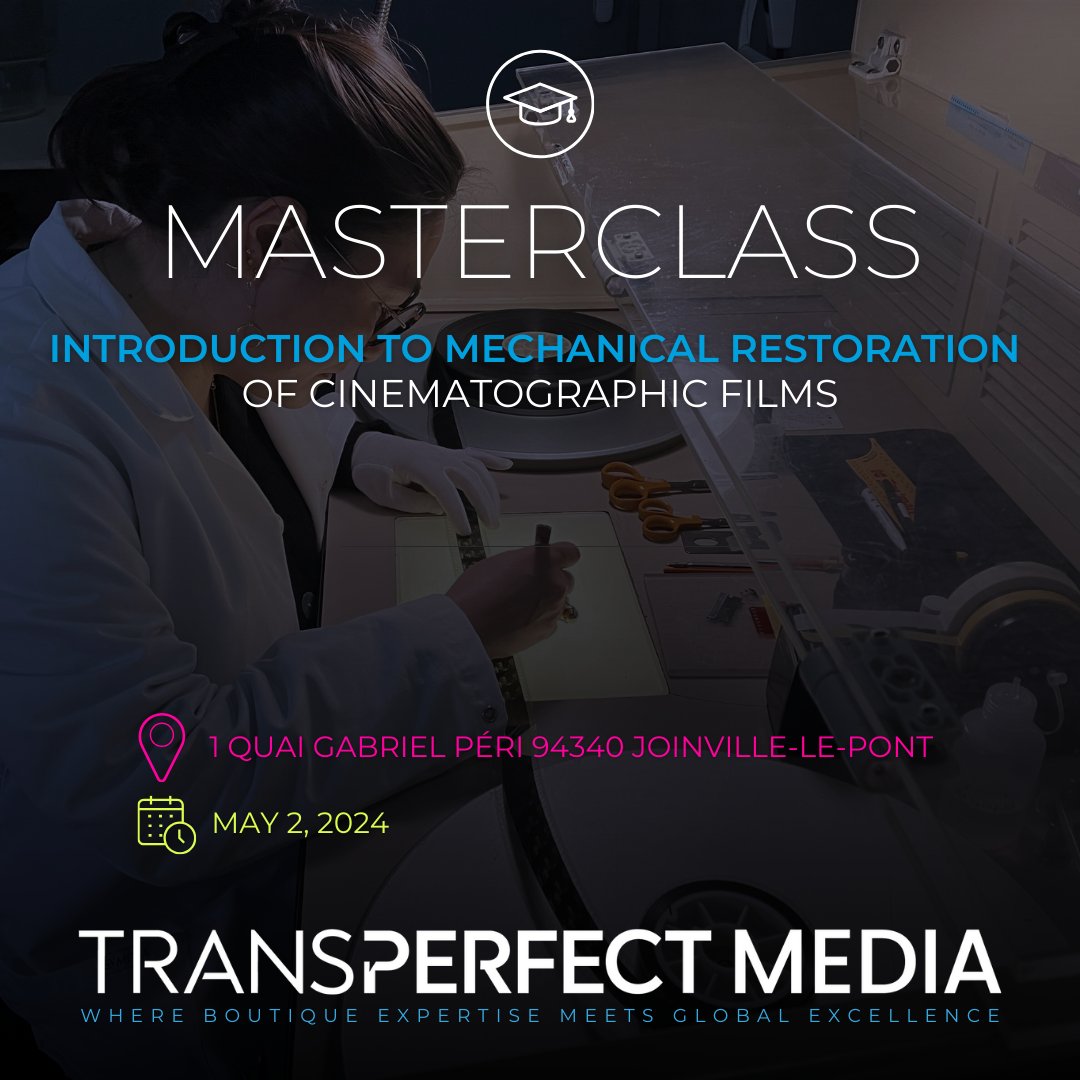 WeAreTPMedia's tweet photo. Get ready to dive into the world of film restoration! Join our Film Repair Training Session this May with TransPerfect Media. Master the craft, preserve cinema magic, and connect with industry experts. Don't miss out! #FilmRestoration #TransPerfectMedia #PreserveTheMagic https://t.co/pcjhwcBRQd