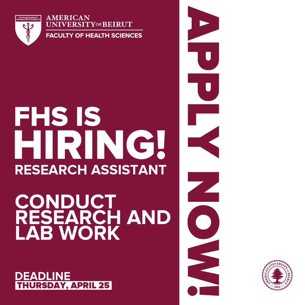 The Medical Laboratory Sciences Program of the Division of Health Professions at FHS AUB is seeking to recruit a fulltime Research Assistant to work on research projects. 👉 aub.edu.lb/fhs/Pages/empl… #FHS #AUB #MLS #Vacancy #ResearchAssistant