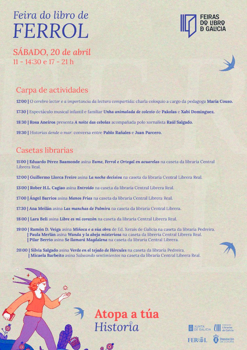 @paulamerlan17 <a href="/abrilcamino/">Abril Camino 🍍</a> <a href="/roberheavy/">Rober H.L.Cagiao</a> <a href="/cardanachama/">••• Natalia Monje •••</a> <a href="/arbarrios20/">Angel Barrios</a> <a href="/RPerezPablo/">Pablo J. Rañales</a> #Atopaatúahistoria na Feira do Libro de Ferrol.

🔹 Participan as escritoras Sara González Veiga (<a href="/escribenblanco/">escribiendoenblanco</a>), <a href="/XoanRubia/">Xoan Rubia</a>, María Couso, <a href="/RosaAneiros/">Rosa Aneiros</a>, <a href="/jmparcero/">Juan Parcero</a>, Eduardo Pérez Baamonde, Guillermo Llorca Freire, Ana Meilán, <a href="/alarabeli/">Lara Beli</a>, Ramón D. Veiga (<a href="/ramoninguez/">Ramón D. Veiga</a>)...