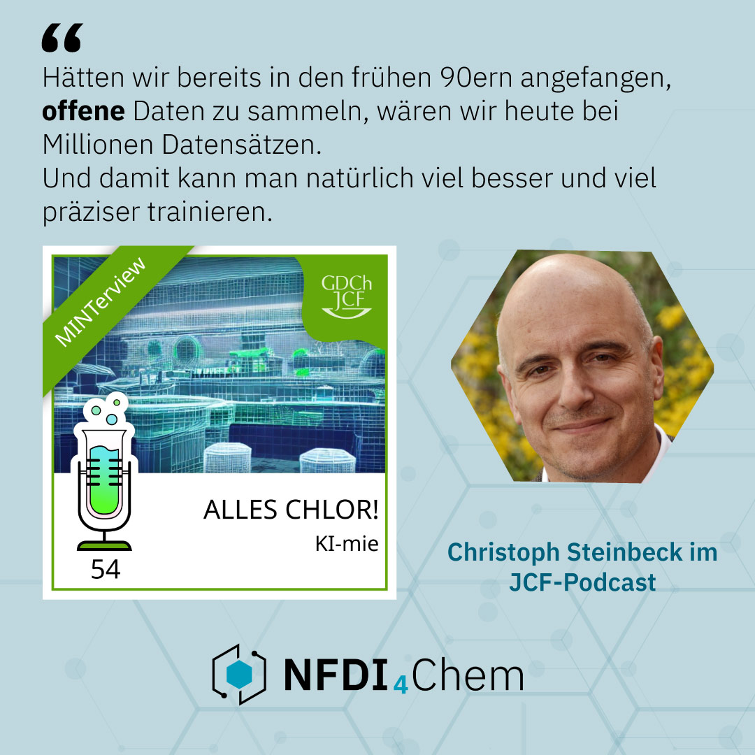 Our speaker Christoph Steinbeck is a professor at the FSU Jena and researches cheminformatics, etc. In the JCF podcast 'Alles Chlor!' he talks about AI and chemistry (& FAIR data) It's worth listening (interview in German) bit.ly/3Q1nF2S #chemistry @gdch_aktuell