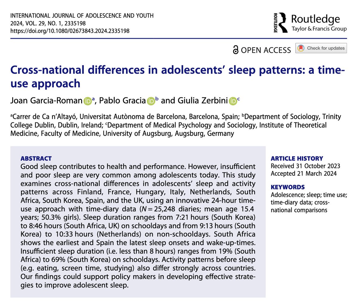 🆕 How do Adolescent Sleep Patterns differ across Countries?

Find the answer in our new #openaccess paper at the "International Journal of Adolescence and Youth"! 

Work with <a href="/J_GarciaRoman/">Joan Garcia</a> &amp; Giulia Zerbini.  

🎯 Read the paper here: tandfonline.com/doi/full/10.10…