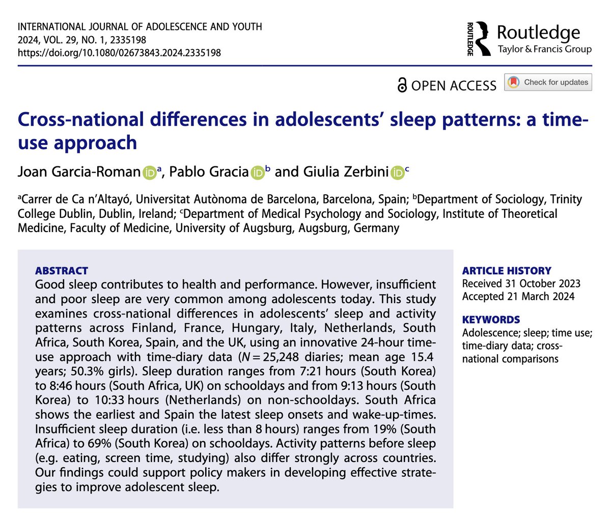 🆕 How do Adolescent Sleep Patterns differ across Countries? Find the answer in our new #openaccess paper at the 'International Journal of Adolescence and Youth'! Work with @J_GarciaRoman & Giulia Zerbini. 🎯 Read the paper here: tandfonline.com/doi/full/10.10…