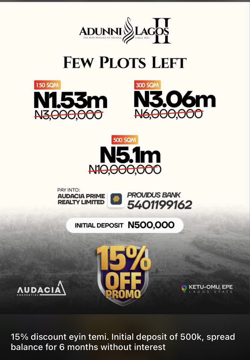 Abisoye_akoja's tweet photo. Congratulations 🍾 to the Landlord made in Adunni Lagos 💃🏿💃🏿 Get  a plot today for just 5.1M 
Start with a  deposit of 500k
payment plan up to 12 months 6 months interest free.
☎️ https://t.co/neHUZZCnRX
Layi Pastor Paul Eneche #Davido #Coachella  Iren BSc Law Iron Dome  Band D https://t.co/7aLPagr2s2