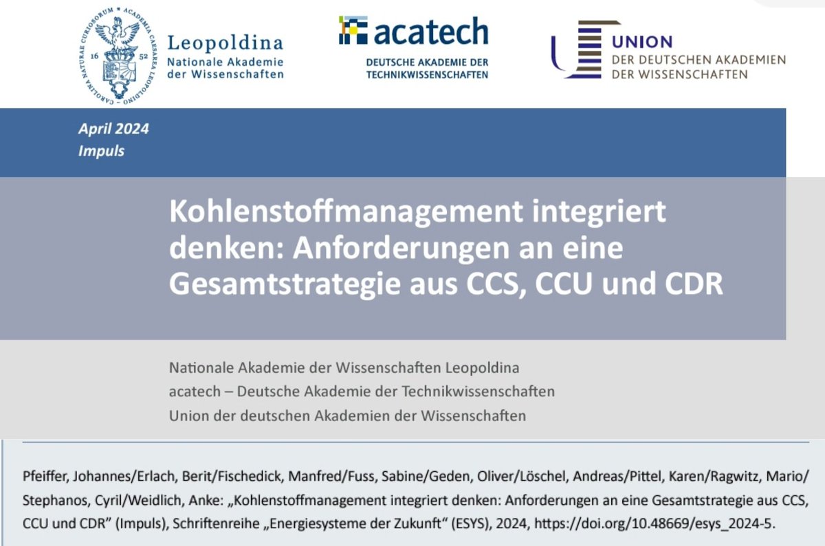 Kohlenstoffmanagement integriert denken: Anforderungen an eine Gesamtstrategie aus CCS, CCU und CDR. Neuer Impuls des Akademienprojekts „Energiesysteme der Zukunft“ @Projekt_ESYS ordnet die Rolle und Grenzen des #Kohlenstoffmanagements im Klimaschutz ein 👉energiesysteme-zukunft.de/fileadmin/user…