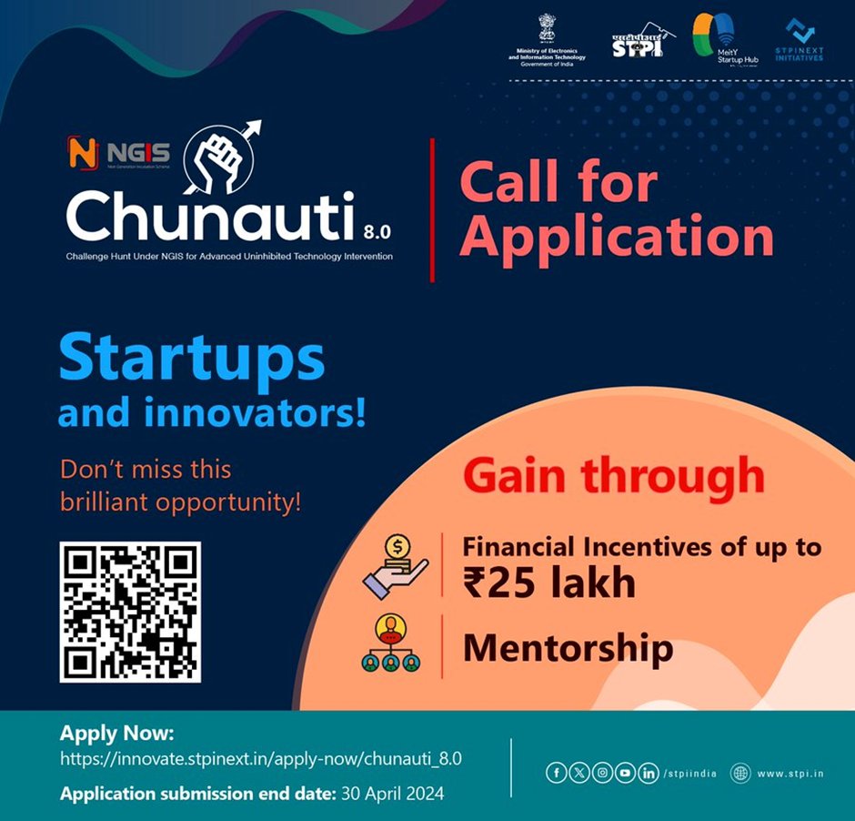 Calling all #Startups & Innovators ! Join the Startup revolution and be a part of #NGIS #CHUNAUTI 8.0 to grow your venture, achieve profitability, and make a global impact. Last day to Apply: 30 April 2024 Apply Now: innovate.stpinext.in/about-us/chuna… @stpiindia @arvindtw @er_ashokg