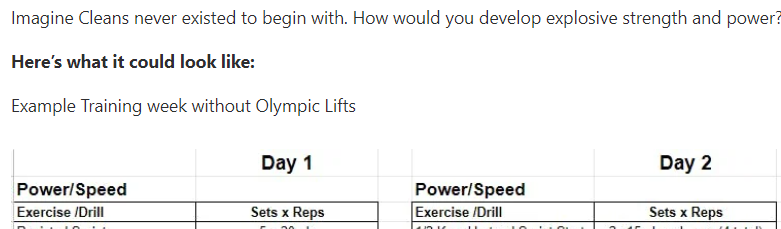 Cleans won’t make you explosive

I took them out 5 years ago and our program has only gotten better

Here's a FREE guide on why and how to train Power without Cleans

With a sample week you can use

To get it:

1 Retweet this
2. Reply “POWER” below

I’ll DM it to you

Must follow