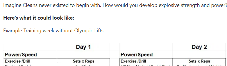 Cleans won’t make you explosive I took them out 5 years ago and our program has only gotten better Here's a FREE guide on why and how to train Power without Cleans With a sample week you can use To get it: 1 Retweet this 2. Reply “POWER” below I’ll DM it to you Must follow