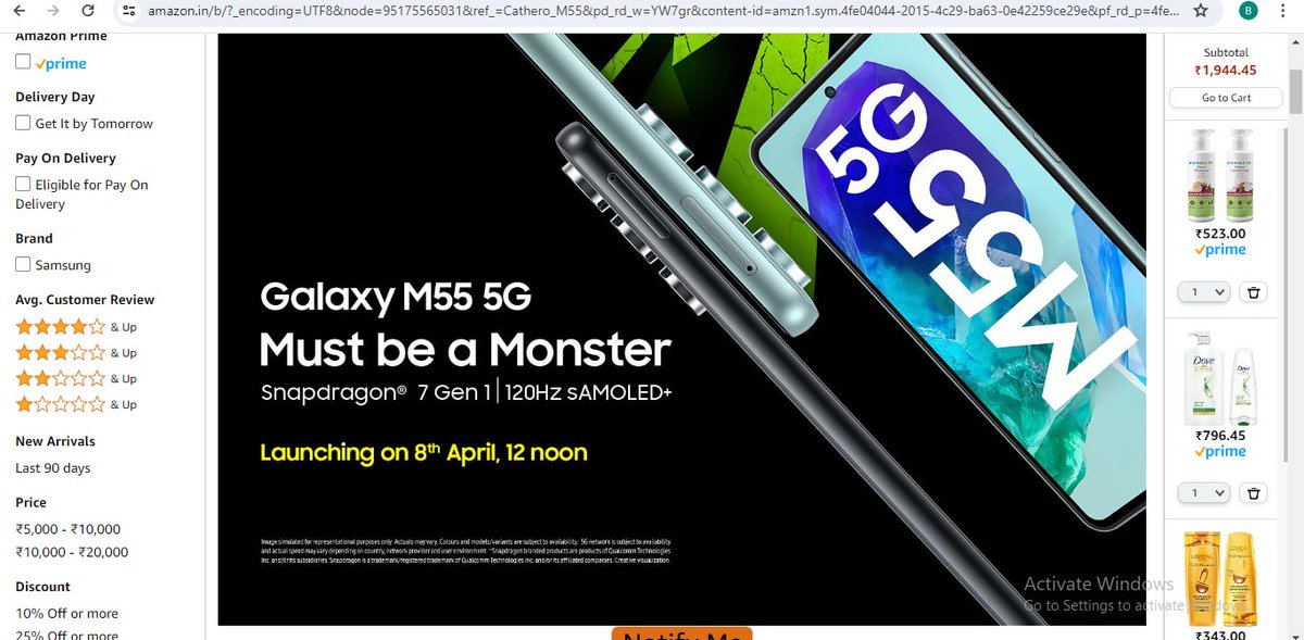 coolcritics's tweet photo. @amazon Seen a commercial of @SamsungIndia  M55 5G on Amazon India website, which states coming soon but when clicked banner shows 8 April which is past date. Something seems wrong, highlighting issue https://t.co/3u10yTOBXj