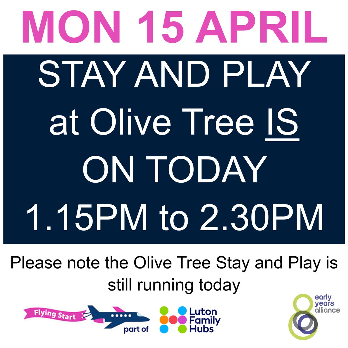 Please note that despite our morning sessions being cancelled, the Stay and Play at The Olive Tree Church (LU3 1HB) IS happening this afternoon- 1.15pm to 2.30pm! Just drop in with children under 3 :)