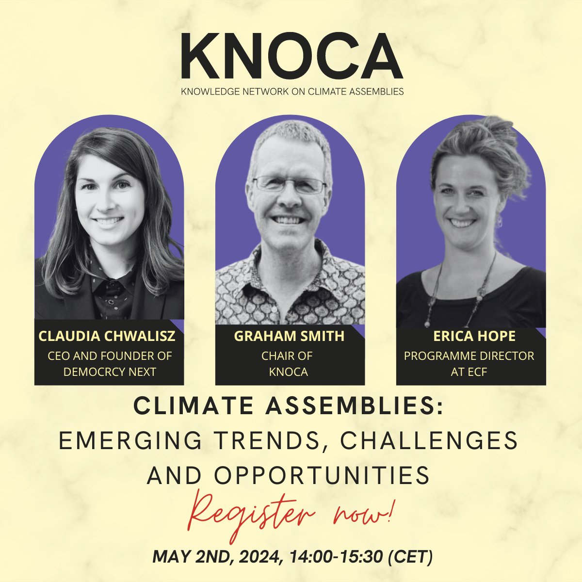 📅 2 May, 14.00-15.30 CET Join @Smith1966G, Erica Hope & me for a discussion about the emerging trends, challenges, and opportunities for Climate Assemblies Register here ➡️ knoca.eu/events/climate… #delibwave #sortition #deliberation