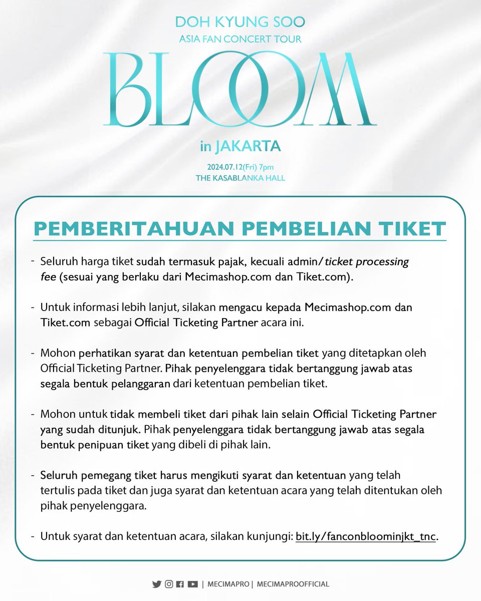 #FANCONCERT_BLOOM_inJKT - Ticket Purchase Notice. EXO-L Indonesia, make sure to read this notice before purchasing your concert tickets via @mecima_shop and @tiket ! - 🔗: bit.ly/fanconbloominj…