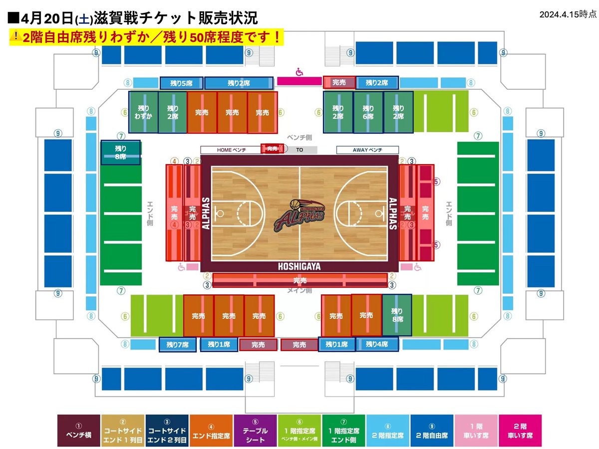 指定席の販売状況はこちらです👀 特にメイン側/ベンチ側は連番で確保