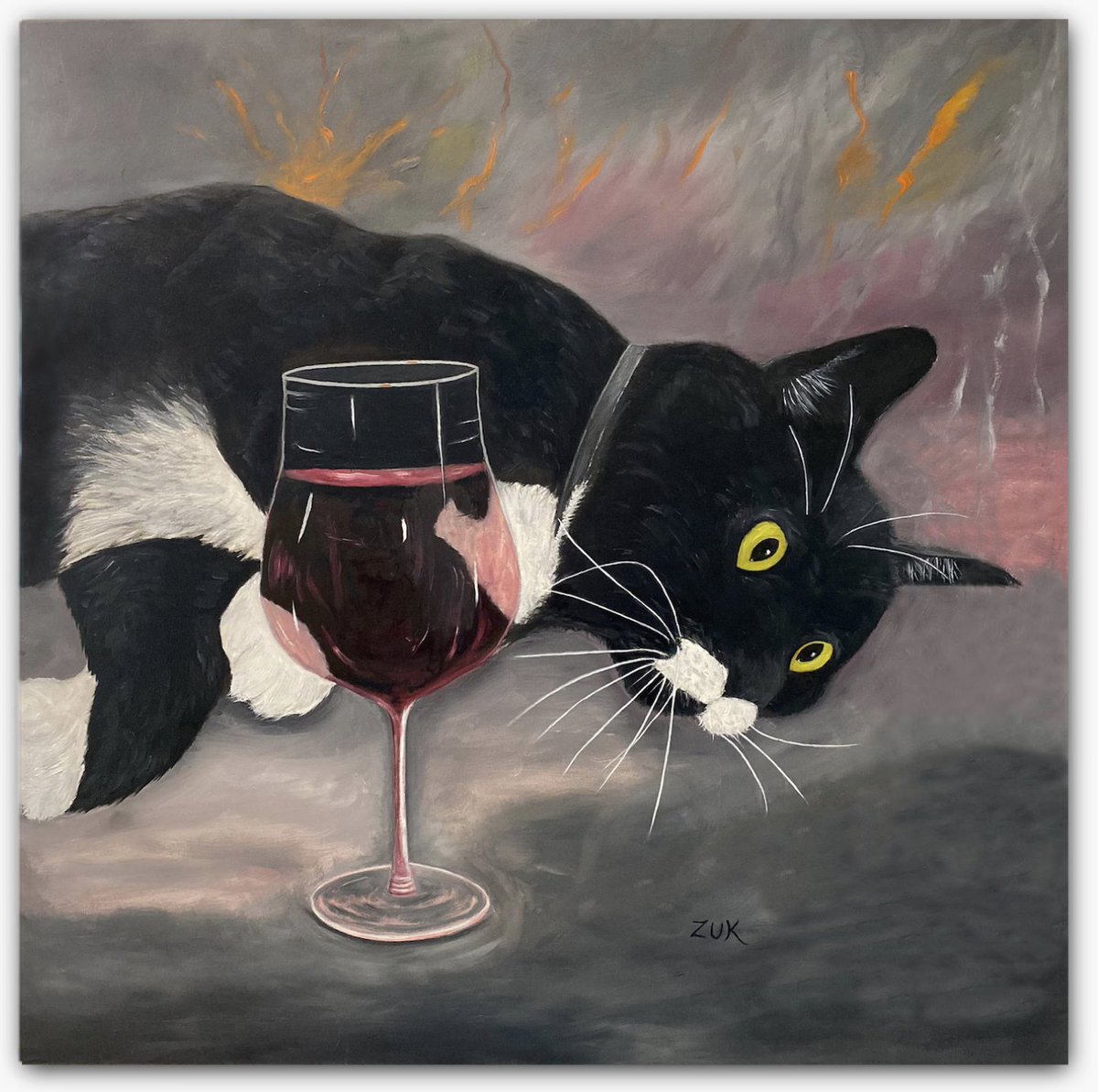 Tuxedo Cat and Red Wine Square Canvas Print of original oil painting. Is he dreaming? Did he drink the wine? karenzukroseartist.etsy.com/listing/125892…
#humorouscatgifts #tuxedocat #catpaintings #catlovergift #BuyIntoArt #ShopEarly #GiftThemArt #HolidayShopping #AYearForArt #BuyArtNotCandy