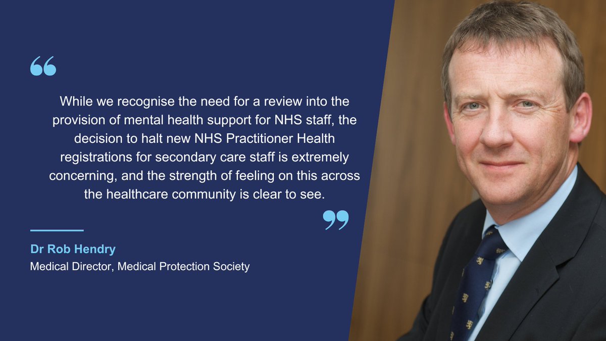 Read our full statement on the news from <a href="/NHSPracHealth/">NHS Practitioner Health</a> that they are having to halt new registrations from hospital staff, following discussions with NHS England. 

We will continue to call for #mentalhealth support for all NHS workers:  medicalprotection.org/uk/articles/mp…