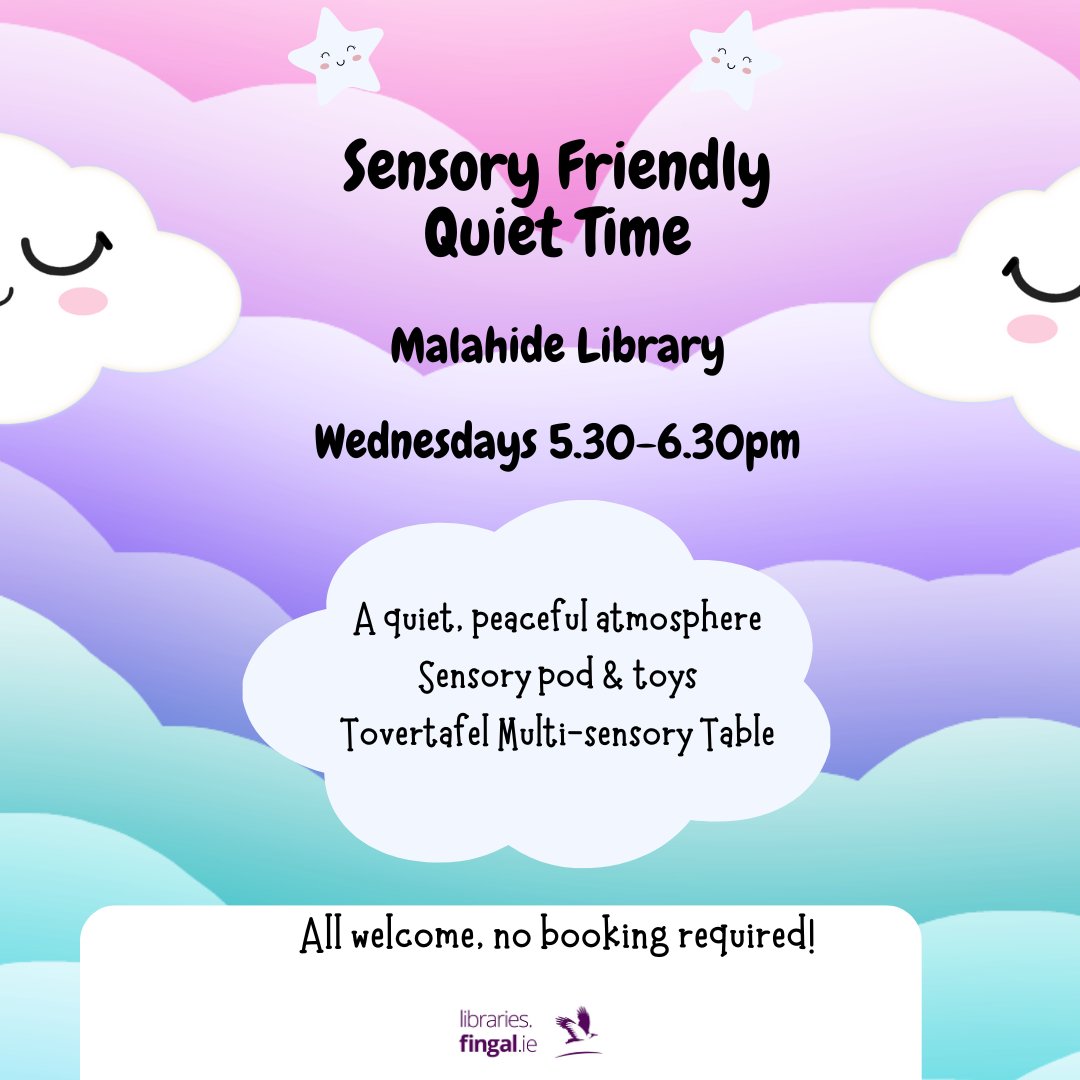 Join us every Wednesday evening in Malahide Library for an hour of sensory-friendly quiet time.

#FingalLibraries #MalahideLibrary