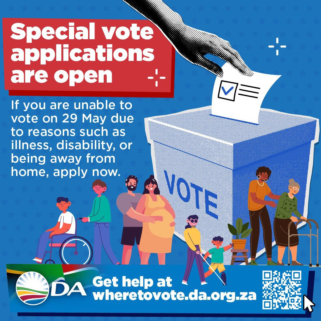 🗳️ Special Vote applications are now open for those unable to vote on 29 May. If you or a loved one can't make it to the polls due to an illness, disability, or travel, apply now to vote on 27/28 May, or request a home visit. Get help now at wheretovote.da.org.za #RescueSA