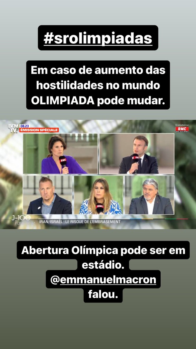 A OLIMPIADA pode mudar. Segundo o presidente @EmmanuelMacron , em caso de aumento das hostilidades no mundo , A ABERTURA dos Jogos de @Paris2024 pode sair do rio Sena e ir para o Trocadero ou Stade de FRANCE. Ele falou isso há algumas horas . #srolimpiadas