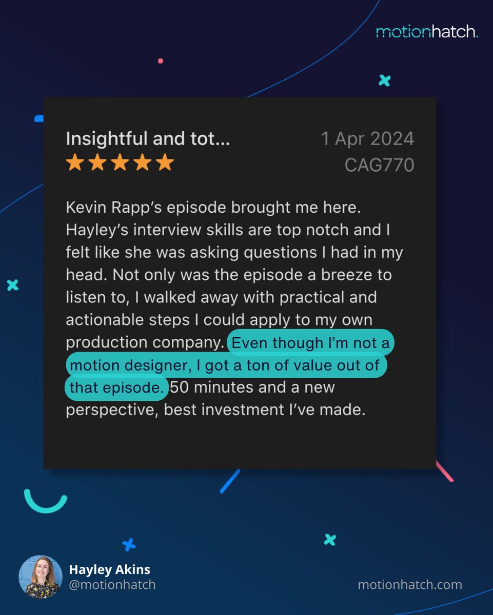 'A must-listen for all motion designers!' 🌟 We're so grateful for all the positive feedback we've had on the re-launch of our podcast! If you're enjoying the podcast so far, we'd really appreciate it if you could leave us a rate and review! motionhatch.com/rate