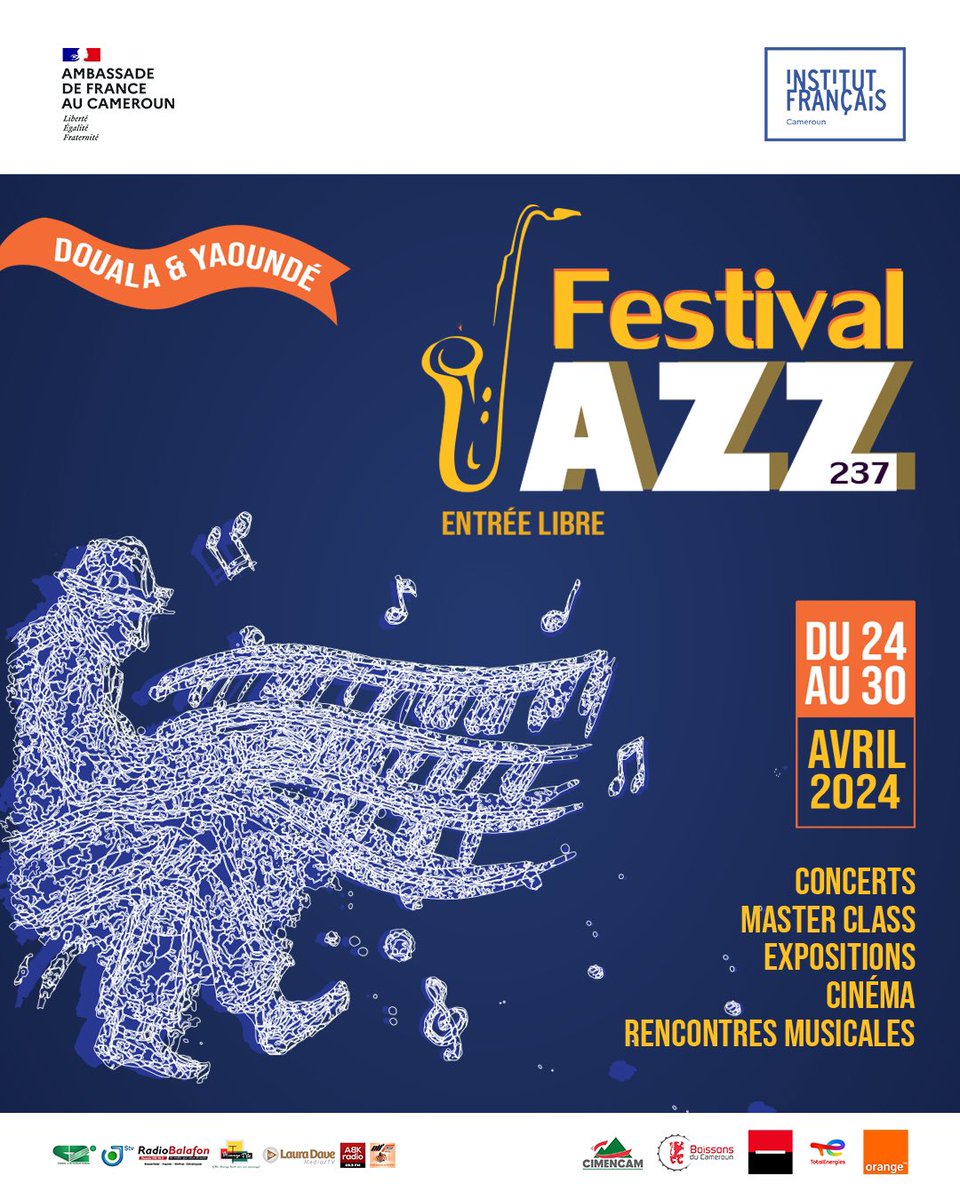 IFCameroun's tweet photo. 🎷 Bienvenue au festival #JAZZ237 ! 💯

📣 Du 24 au 30 avril 2024, venez partager des moments uniques 👌 autour du #Jazz sur nos sites de #Yaoundé &amp; #Douala 🇨🇲. 
 
👉 Au programme : #concerts 🎺, #expositions 🖼️, #masterclass 🎼, #cinema 🎬et rencontres musicales 🎵. https://t.co/rOinYfUI0k