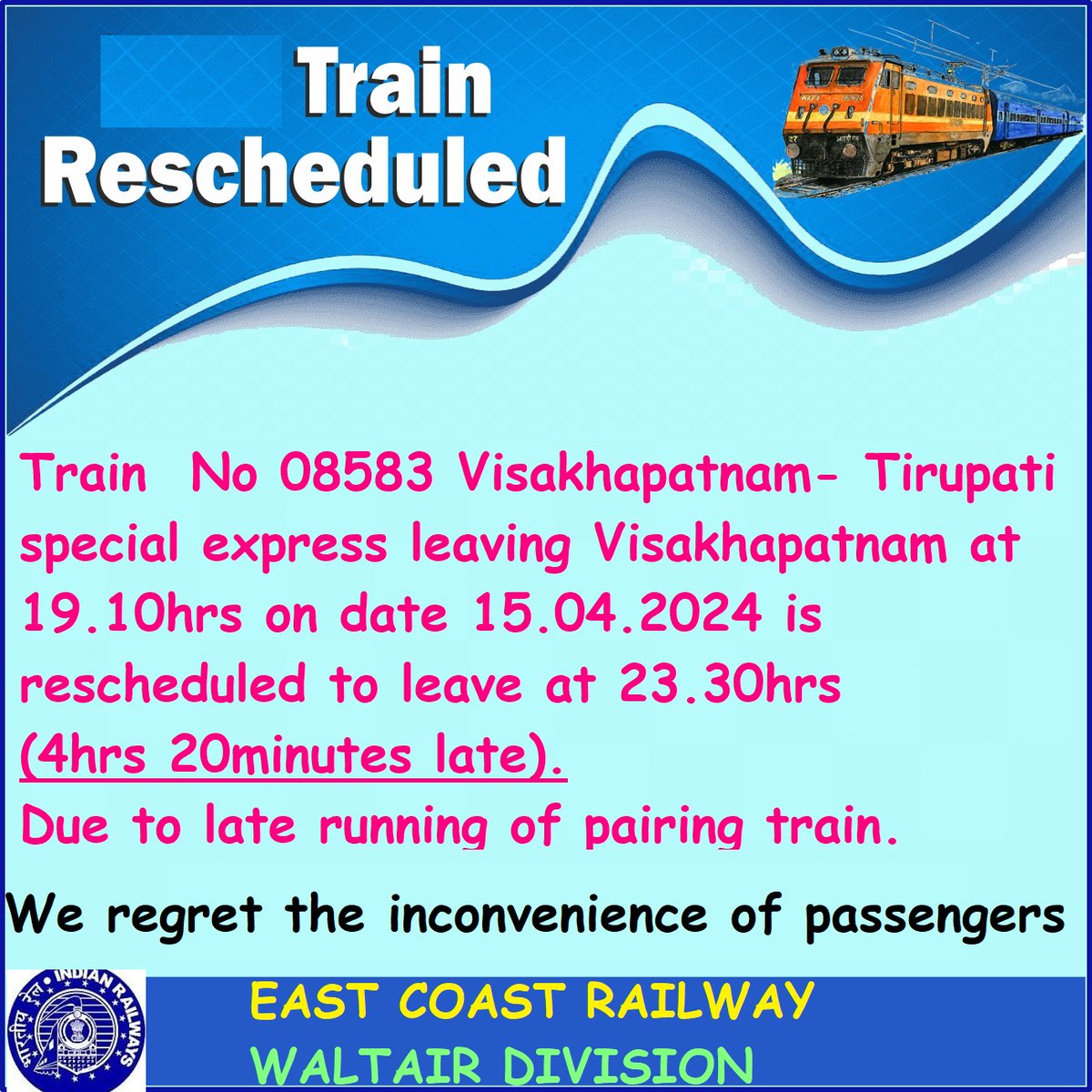 Rescheduling of Train No 08583 Visakhapatnam- Tirupati special express leaving Visakhapatnam at 19.10hrs on date 15.04.2024 is rescheduled to leave at 23.30hrs(4hrs 20minutes)due to late running of pairing train. @RailMinIndia @EastCoastRail @SCRailwayIndia @drmvijayawada @drmgtl