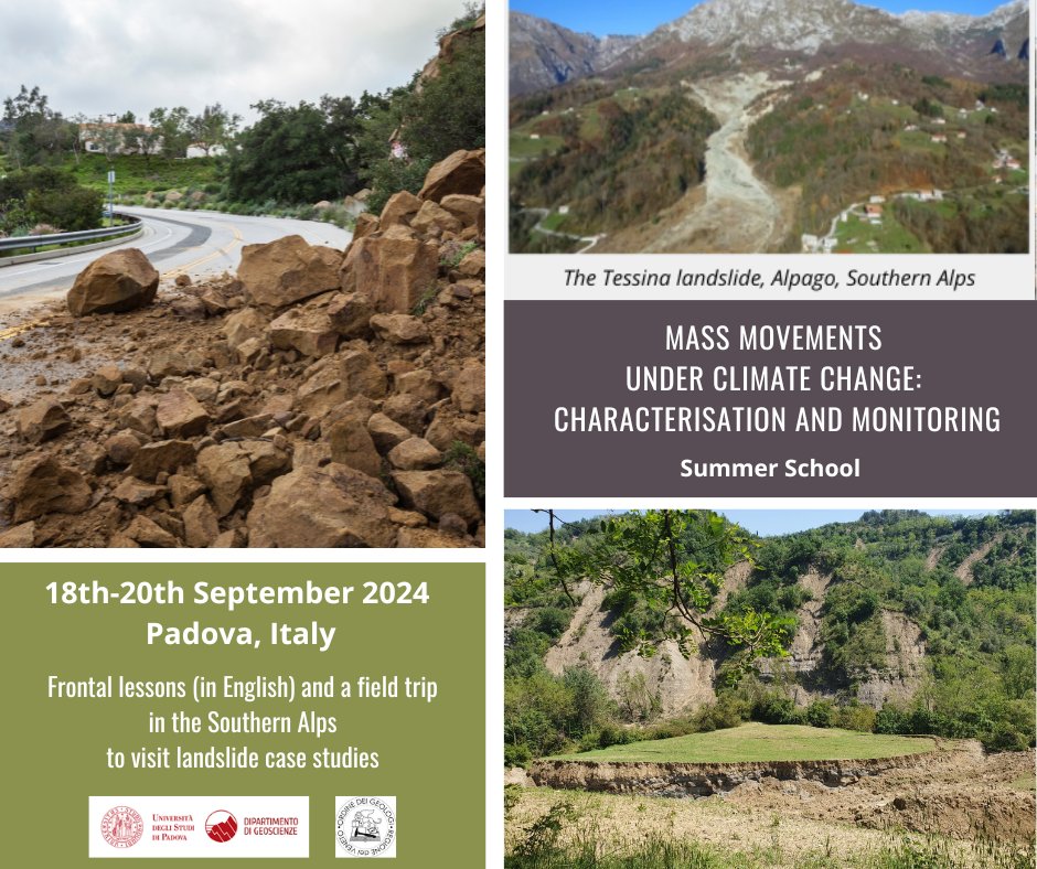 The Summer School 'Mass movements under climate change', organized by the @GeoUnipd of @UniPadova, will take place from 18 to 20 September 2024. The programme is available here: geoscienze.unipd.it/summer-school-…
