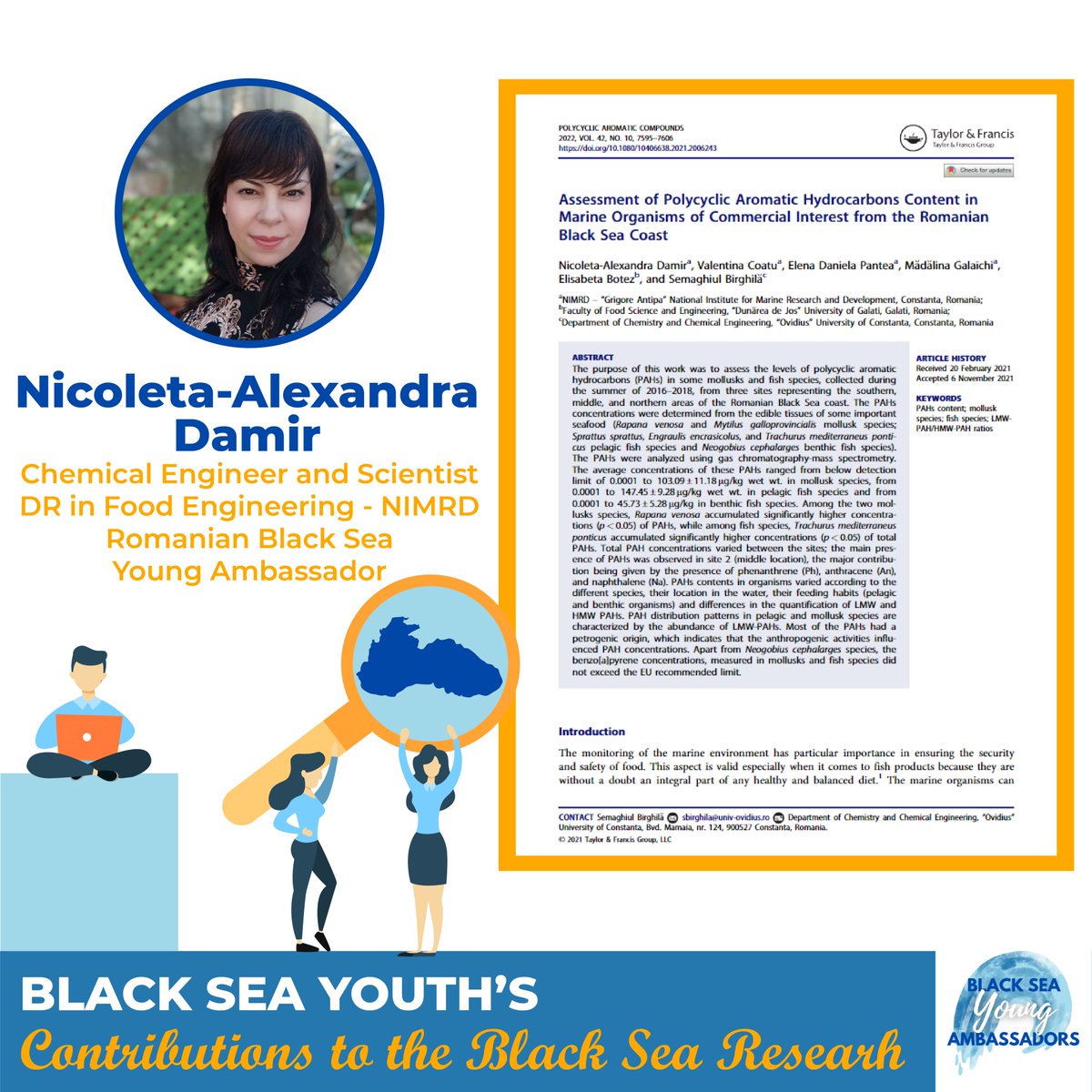 Explore the unknowns of #BlackSea with #BlackSeaYouth! In her research, 🇷🇴 BSYA Nicoleta Damir examines marine organisms from the Romanian #BlackSea coast and reveals potential risks of organic pollutants to marine ecosystems and human health. Read now⤵️ tandfonline.com/doi/full/10.10…