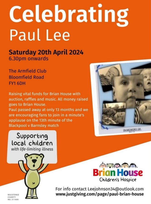 A little reminder of the minutes applause and the charity event in aid of Brian House on 20th April. On the 13th minute of the home game V Barnsley all fans are kindly invited to join with a 1 minutes applause. From 6.30pm in the @ArmfieldClub well be event. Thank you all 🧡