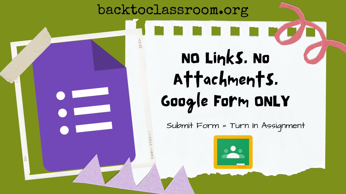 alicekeeler's tweet photo. NO ATTACHMENTS other than a Google Form! 

When students submit a Google Form in Google Classroom it will turn in the assignment. UNLESS there are other attachments or links. The trick is to paste links into the DESCRIPTION instead of "attaching." #backtoclassroom https://t.co/Iw7hu6J5pl