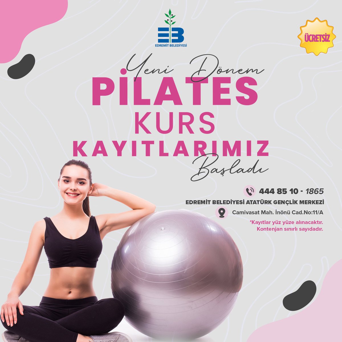 🧘🏻‍♀️Büyük ilgi gösterdiğiniz uzman antrenörümüz eşliğinde gerçekleştirdiğimiz ücretsiz pilates kursumuzun yeni dönem kayıtları başladı. Başvurular Atatürk Gençlik Merkezi'nde yüz yüze alınmakta olup kontenjan sınırlı sayıdadır. Acele edin ☺️ 📞Detaylı bilgi için: 444 85 10 | 1865