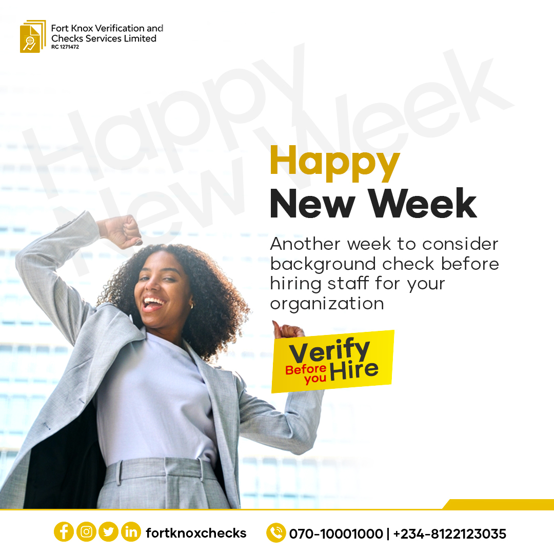 Happy New Week! 🌟 

Let's kickstart this fresh week with a reminder: always prioritize thorough background checks before bringing new talent on board. 

It's the foundation of a successful, secure organization.

#BackgroundCheck #NewWeek Davido EFCC BSc in law